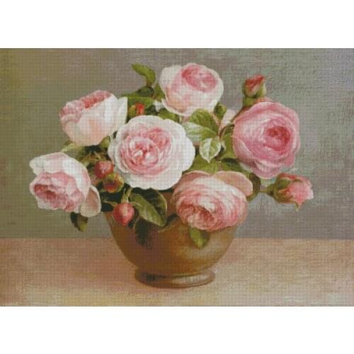 Pink Roses Flower vase oil painting Cross Stitch Kits Needlework 14CT Unprinted Embroidery Top Quality DIY Handmade Decoration