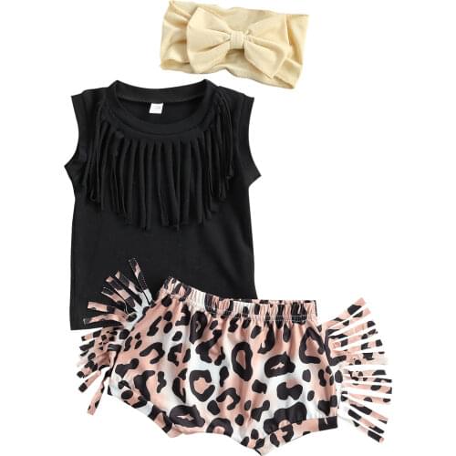 FOCUSNORM Newborn Baby Girls Clothes Sets 3pcs Tassel Sleeveless Pullover Vest Leopard Shorts Headband 0-24M
