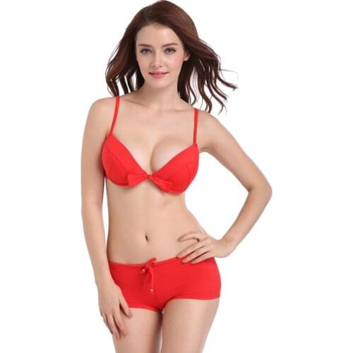 Bowknot Red Bikini Set Underwire Bra Beachwear Push Up Swimwear Adjustable Tie Two-Pieces Swimsuit 02