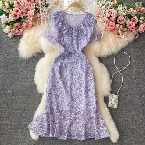 Lace dress womens summer 2021 new high-end temperament lotus leaf collar floral mermaid dress