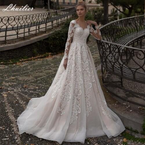 Lhuilier Lace Appliques A-line Long Sleeves Wedding Dresses 2020 Sheer Neck Luxury Beaded Floor Length Bridal Dress Sweep Train