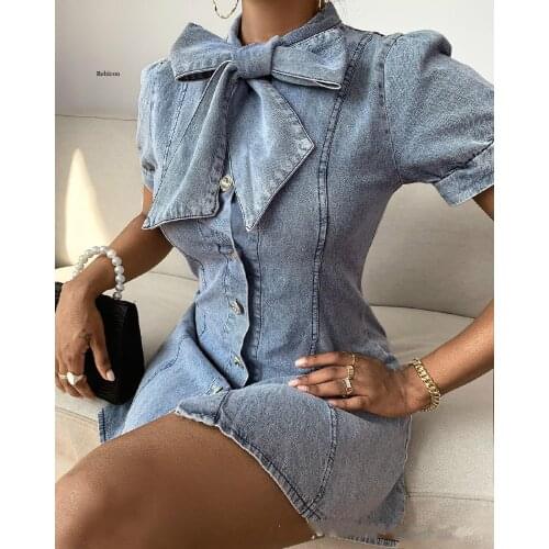 Hot Sales High-end Denim Dress Elegant Sexy Young Solid Simple Style Bow Short Sleeve Women Thin Mini Dress