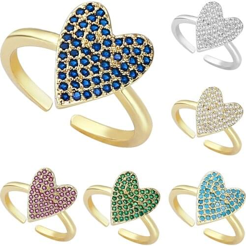Fashion Cute Heart Shape Copper Open Rings For Women Girls Colorful Zircon Steampunk Adjustable Rings Gift Jewelry Party