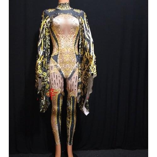 Fashion Black Yellow Jumpsuit Women Celebrate Rhinestone Costume Female Singer Big Sleeves Bodysuit Performance Wear DWY1365