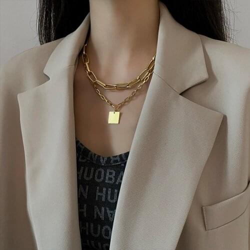 New Fashion Women Popular Exaggerated Thick Chain Square Brand Metal Double Necklace Clavicle Chain Jewelry