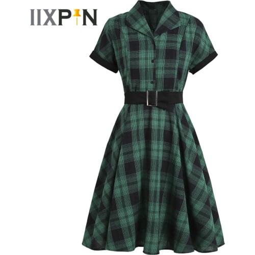 Women Vintage Dress Ladies Summer Plaid Dress Femme Short Sleeves A-line Party Dress with Belt Feminina 1950s Style Swing Dress