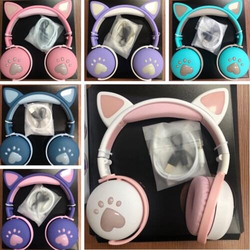 7.1 Stereo Cute Cat Wireless Girls Headphone With Mic, Glowing LED Kids Children Cell Phone Bluetooth Headsets Gamer Music Gifts