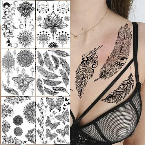 Feather Leaf Tribal Temporary Tattoos For Women Girl Mandala Henna Tattoo Sticker Fake Butterfly Lotus Flower Black Tatoos Large