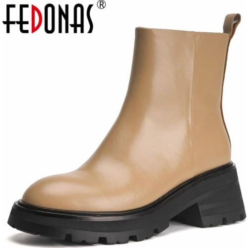 FEDONAS Concise Side Zip Women Ankle Boots Working Casual Autumn Winter Genuine Leather Round Toe Thick Heels Basic Shoes Woman