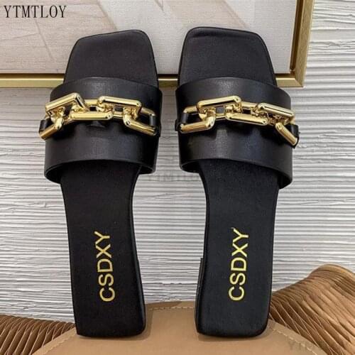 2021 Spring Summer Slippers Women Shoes Candy Color Leather Chain Female Flat Wild Beach Outside Zapatillas Casa Mujer