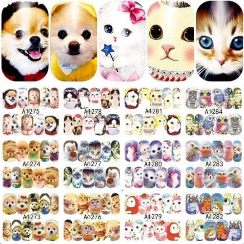 12 sheets mixed designs cute dog cat full cover water transfer nail art decorations stickers beauty nails manicure tools 1273