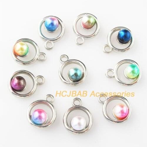 30 New Round Charms Colored Acrylic Dull Silver Plated Pendants 12x15mm