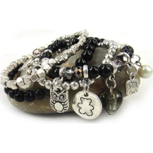 Free drop shipping women black semi precious stone with alloy bear,pearl,owl, heart charm,square bead elasticity bracelet