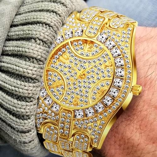 Men Watches Top Brand Luxury Half-iced Watch Gold Baguette Diamond Bezel Unique Design Watch Quartz Waterproof Wristwatch Gift