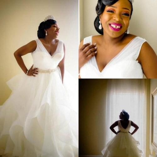 Cheap Plus Size Tulle African Wedding Dresses Sweep Train Ruffles Skirt Bridal Dress with Beaded Belt
