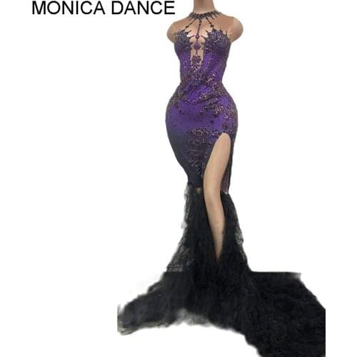 Women Sexy Stage Purple Big Rhinestone Mesh Train Split Long Dress Evening Prom Dancer Show Costume Bar Birthday Celebrate Dress