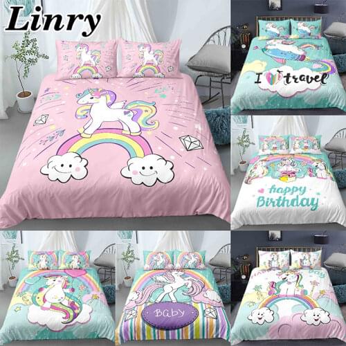 Rainbow Unicorn Printing Double Duvet Cover with Pillowcase King Queen Size Comforter Bedding Set Girls Home Decoration Textile