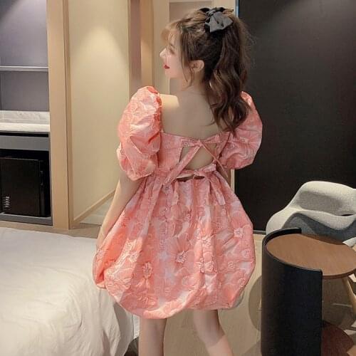 Summer French Puff Sleeve Dress Women Fashion Backless Bandage Bow Party Bud Dresse Sweet Cute Girl Temperament Princess Dresses