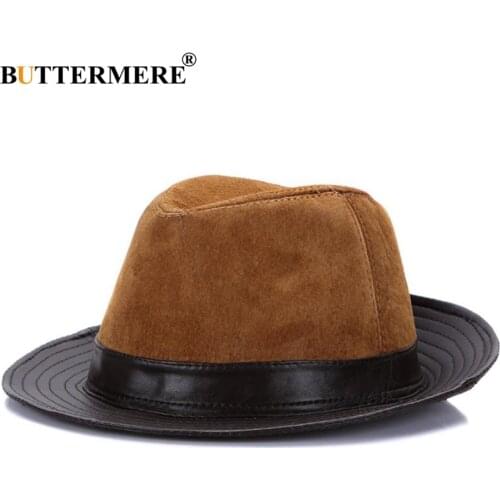 BUTTERMERE Fedoras 2021 Men Leather Trilby Hats Brown Btitish Vintage Jazz Caps Male Patchwork Real Leather Gentleman Fedora Hat