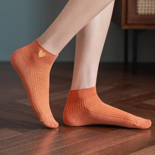 Spring Summer Cotton Woman Love Heart Embroider Simple Stripe Rib Candy Color Daily Casual Fashion Maiden Ankle Low Tube Socks
