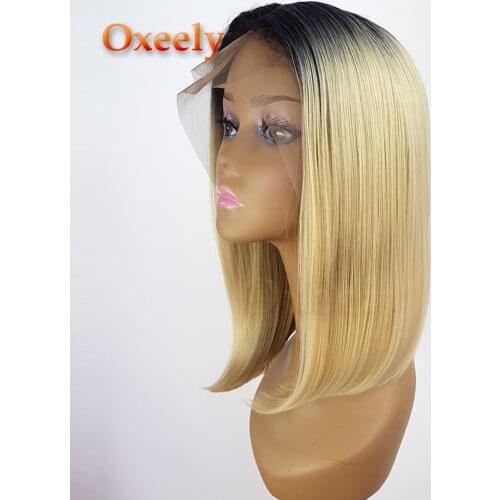 Oxeely Ombre 613 Synthetic Lace front Wigs Short BOB Blonde Straight Lace Wig Natural Baby Hair for Black Women