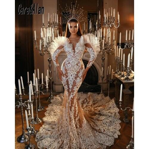 Sexy Pearls Lace Applique Wedding Dresses 2021 Arabic Bridal Gowns Long Sleeves Custom Made robe de mariee