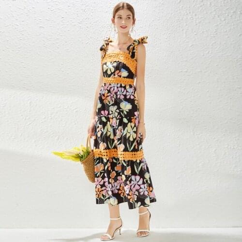 Print Lace Up Bowknow Dress For Women Square Collar Sleeveless High Waist Hit Color Sling Maxi Dresses Female Summer Fashion