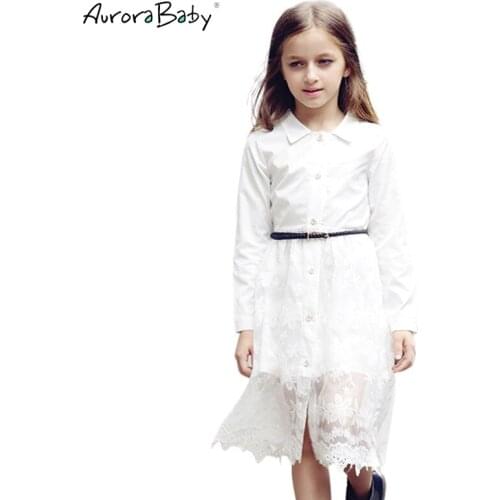 Little Big Girls White Lace Midi Blouse Shirt Dress Long Sleeve Button Solid Free Belt 2019 Summer 6-14Y Teenager Kids Clothes