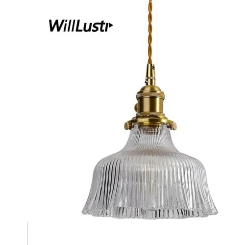 Japan Style Ruffled Skirt Ribbed Clear Glass Pendant Lamp Restaurant Hall Hotel Cafe Living Room Brass Suspension Hanging Light
