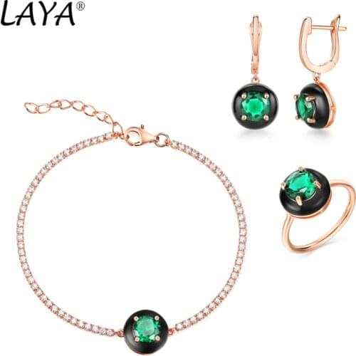 Laya Silver Brecelet Earrings Ring Sets For Women 925 Sterling Silver Retro Style Created Crystal Green Glass Enamel Jewelry