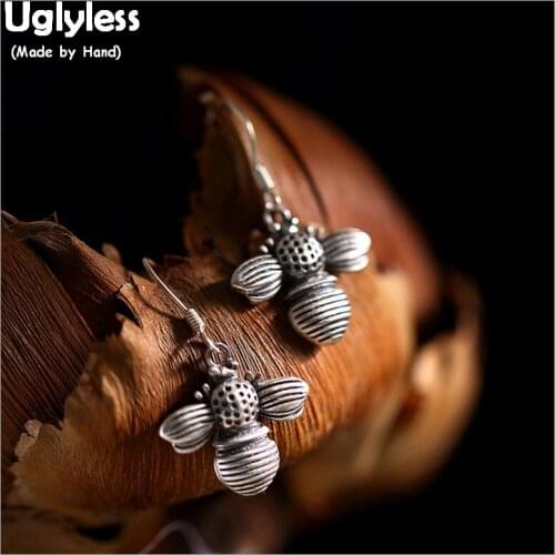Uglyless Thai Silver Handmade Vivid Bees Earrings for Women 100% Real Solid 925 Silver Fine Jewelry Lovely Bee Earrings Insect