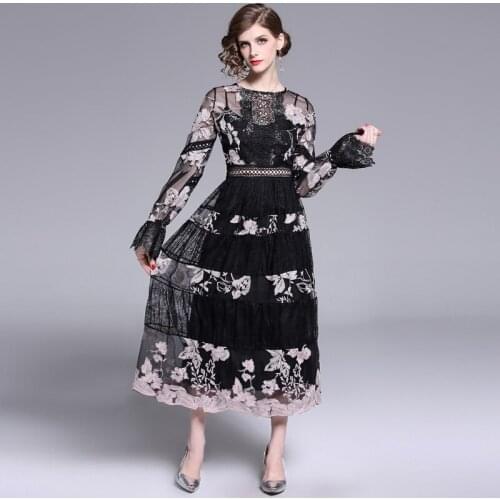Lantern Sleeve Mesh Lace Summer Dresses Vintage Embroidery A-LINE Birthday Dress for Women Rushed O-Neck Long Sleeve Black Dress