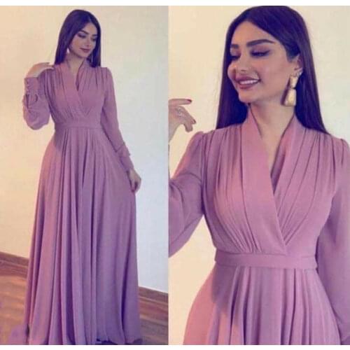 Vintage V-Neck A-Line Long Sleeve Chiffon Prom Dresses with Pockets Zipper Back Robe De Soiree Floor Length Formal Party Gowns