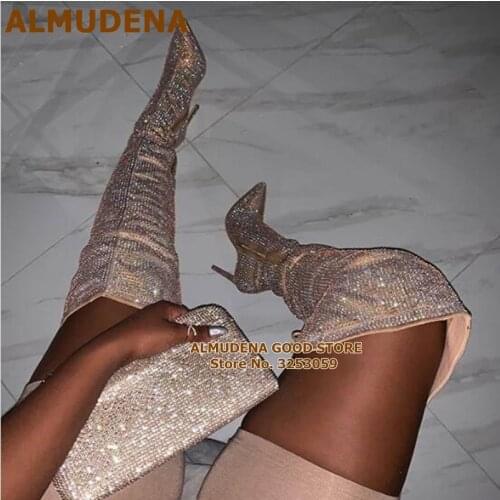 ALMUDENA Champagne Crystal Thigh High Boots Bling Bling Rhinestone Stiletto Heels Over Knee Boots Stiletto Heels Dress Shoes