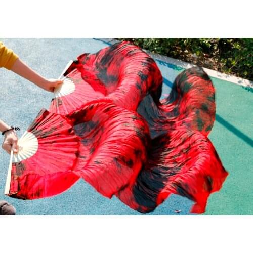 2018 High selling 100% Real Silk Veils 1 Pair handmade women Quality Silk Belly Dance Fan Dance black red mix color
