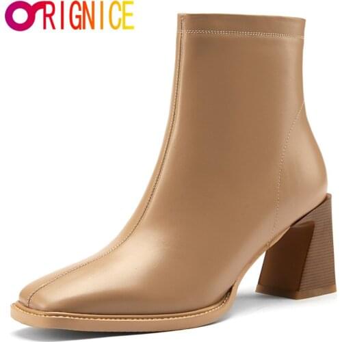 Orignice New Arrival Genuine Leather Thick High Heels Zipper Ankle Boots Elegant Square Toe Office Ladies Handmade Shoes Khaki