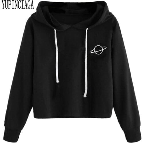 YUPINCIAGA Harajuku Women Black Crop Hooded Sweatshirts Long Sleeve Pullovers Tracksuits For Femme Planet Print Hoodies Girls