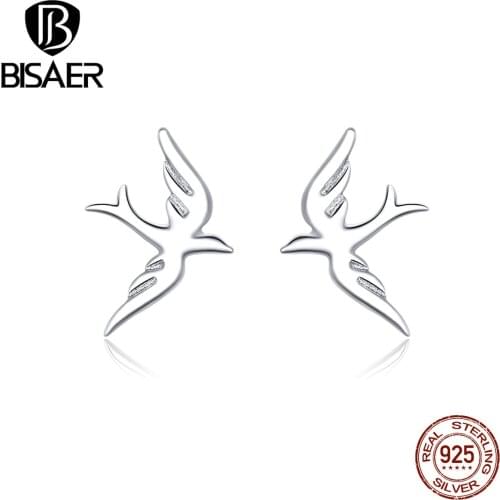 Bird Earrings BISAER 925 Sterling Silver Spring Swallow Greeting Hummingbirds Stud Earrings for Women Silver Jewelry EFE302
