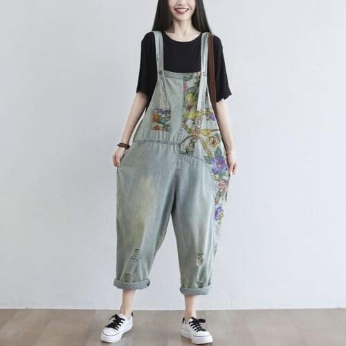 Women Loose Printed Holes Denim Jumpsuits Ladies Loose Print Vintage Denim Overalls Female 2021 Bleached Rompers