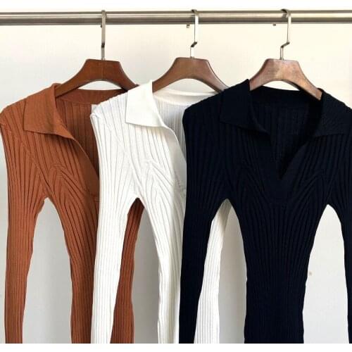 2021 Early Spring Women Deep V Knitted Sweater Lady Slim Long Sleeve Stripes Bottoming Pullover Shirt and Top Knitwear Jumper