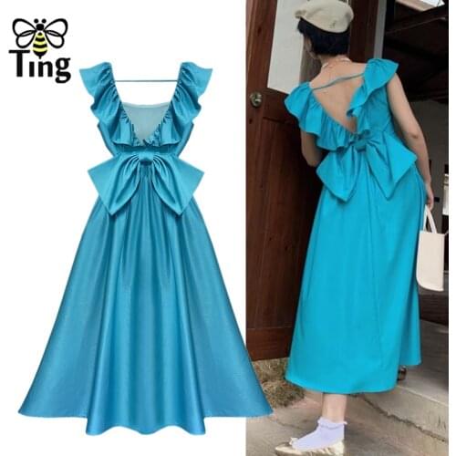 Tingfly Women Summer Cottagecore Dress Ruffles Open Back Bowknot Bohemian Dress Sleeveless Boho Casual Street Trendy Robes Za