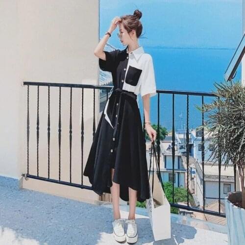 Shirt Dress Black Hepburn Style Hit Color Dress Female 2021 Summer New Temperament Waist thin Irregular Summer Dress Tie Belt Mu