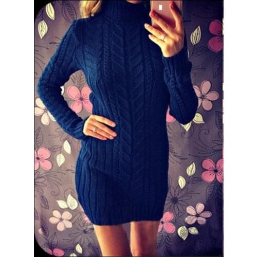 Women long sleeve turtleneck ribbed sweater dress robe pull fall 2019 pullover jumper purple red white yellow knitted sweater