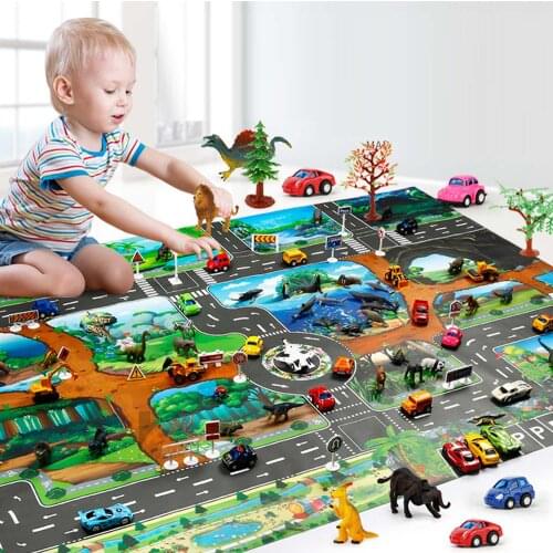 Kids 1PC Cartoon Dinosaur Park Playmat City Traffic Road Game Mat + 12pcs Dinosaur Figure Model + 18pcs Road Traffic Signs Toy