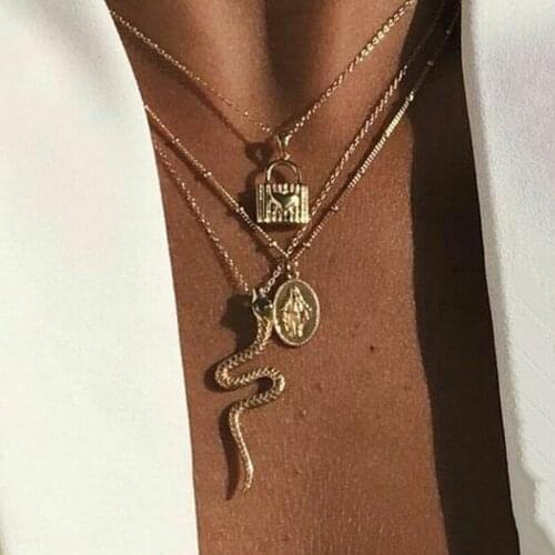 3 Pcs/Set Boho Virgin Mary Snake Love Necklaces Set Exquisite Lock Geometric Chain Gold Party Necklace Fashion Women Jewelry