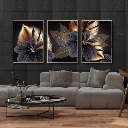 3pcs Frameless Golden Leaves Pattern Print Canvas Painting Wall Art Picture for Living Room Home Decor