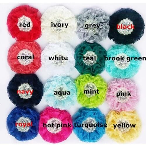 30 pcs/lot ,8 cm Lace Beaded Pearl Rhinestone Lace Ruffled Flower for headband women and girl cute fashion accessories