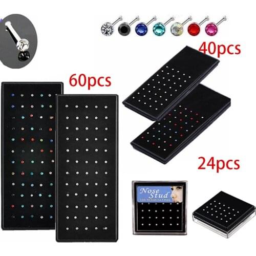 60pcs/set Crystal Rhinestone Nose Ring Fashion Body Jewelry Nose Studs Stainless Surgical Steel Nose Piercing Stud