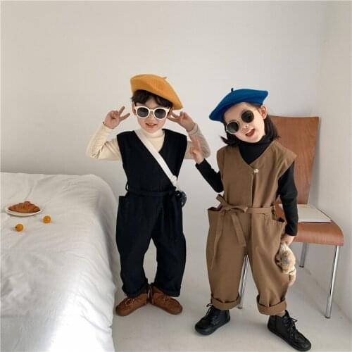 Childrens Jumpsuit 2021 Autumn New Cool Solid Color Simple Cotton Pockets Boys and Girls Casual Korean Frenulum Jumpsuits