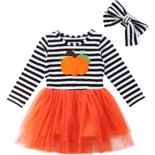 Emmababy Halloween Long Sleeve Striped Tulle Tutu Party Pumpkin Round Neck Striped Lace Dresses Headband Cute Kids Girls Dress